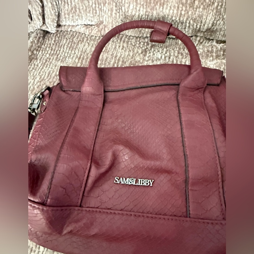 Sam & Libby Faux Alligator Double Handle Bag Maroon Shoulder Strap